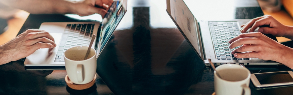 Partners working together on laptops