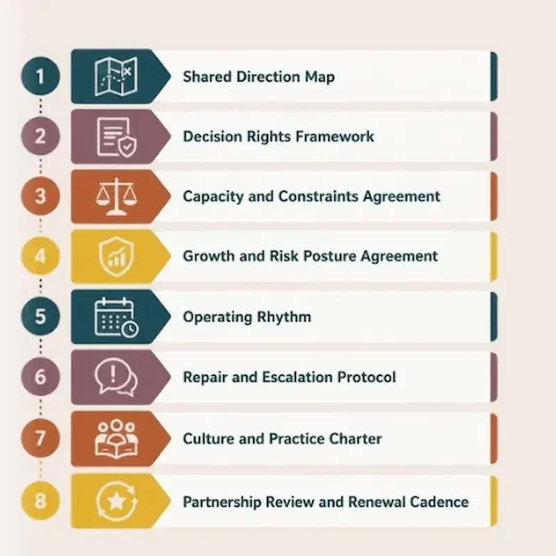 The eight ASCENT partnership agreements: Shared Direction Map, Decision Rights Framework, Capacity and Constraints Agreement, Growth and Risk Posture Agreement, Operating Rhythm, Repair and Escalation Protocol, Culture and Practice Charter, Partnership Review and Renewal Cadence
